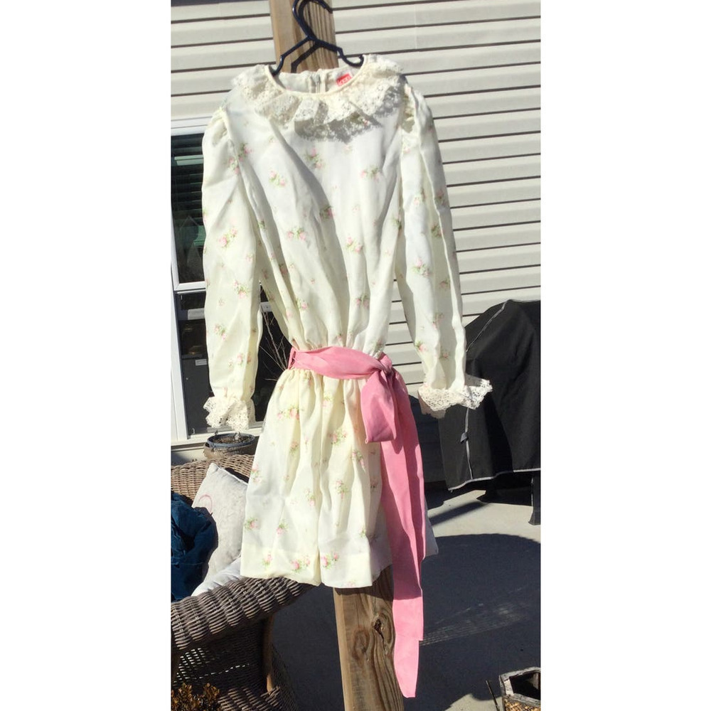 Vintage Love dress girls L 10 white floral pink‎ lace 80s 90s cottagecore lace